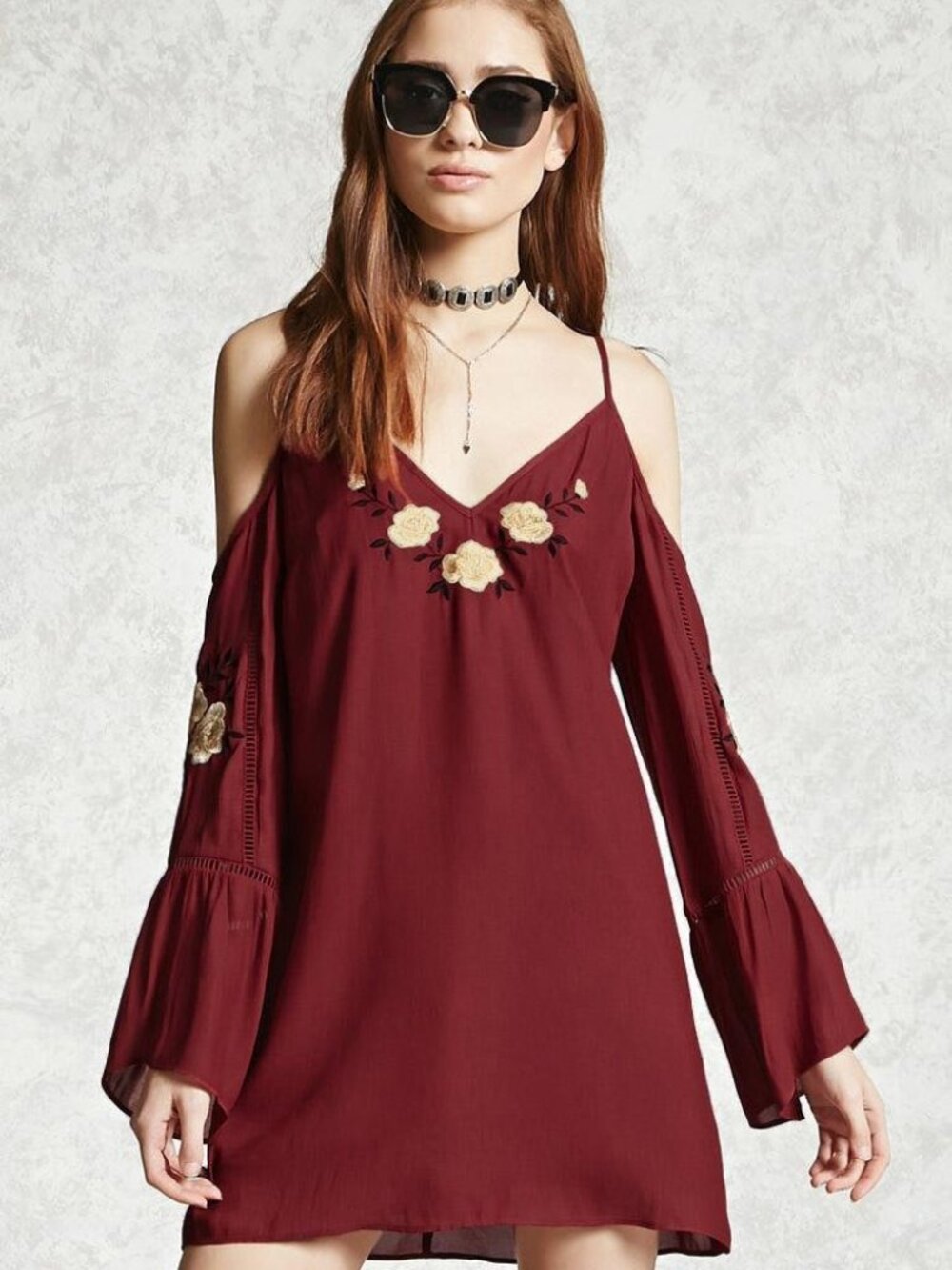 Forever 21 Rust Ivory Embroidered Open-shoulder Dress Small S